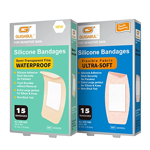 Silicone Adhesive Bandages For Elderly Sensitive Skin - Painless Removal 2''X4'' Extra Large 30 Counts Waterproof Bandaids And Flexible Fabric Band Aids By G+ Guigabul - Hypoallergenic - Latex Free #TOP21