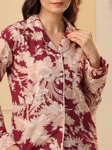 Image of SANSKRUTIHOMES Women's Premium 100% Cotton Printed Night Suit Set | Elegant Full Sleeve Collar Top & Pyjama | Soft & Breathable Premium Loungewear for Women