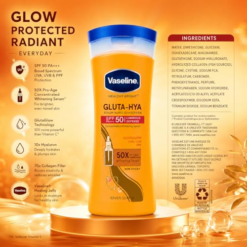 Image of Vaseline Gluta-Hya SPF 50 Serum Burst Sunscreen Body Lotion 400ml with UVA UVB Protection | Brightening Lightweight Non Greasy Formula