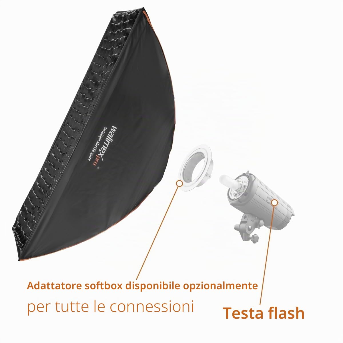 Walimex pro Studio Line Striplight SB QA – Softbox luce a strisce, superficie 40 x 120 cm, profondità 49,5 cm, pieghevole, con griglia, diffusore interno ed esterno, Speedring, per flash da studio