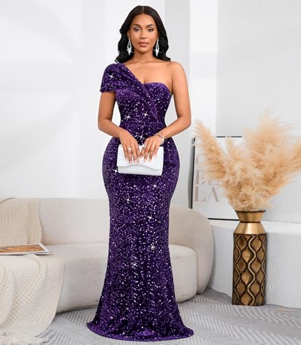 Image of Cololura Women Sexy Sequin One Shoulder Mermaid Formal Party Cocktail Gowns Bodycon Evening Maxi Dress
