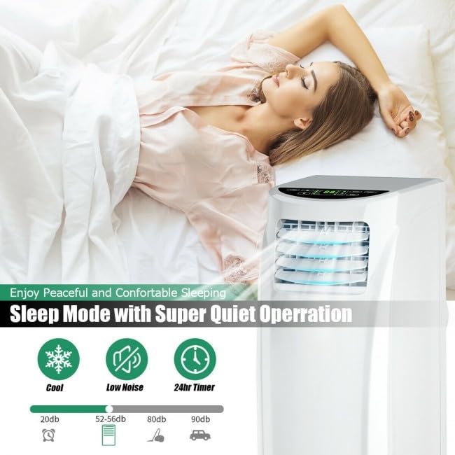 8000BTU Portable Air Conditioner – Cool Dehumidify Circulate Air 2-Speed Sleep Mode Washable Filter LED Remote Control Timer