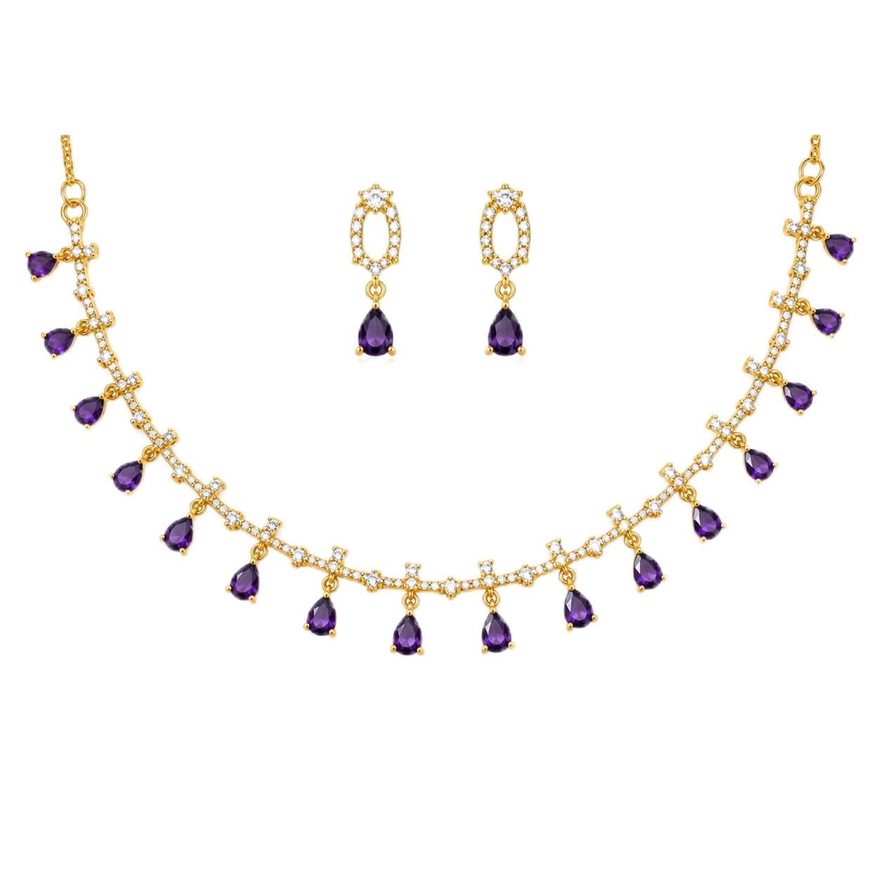 Gold-Plated Purple Amethyst CZ Necklace Set with Earrings-image-40