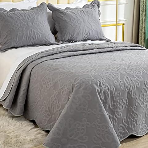 Oversized King Bedspreads 120x118 for California King/King Bed Lightweight Quilted Coverlet Set 3 Pieces 1 Quilt 2 Pillow Shams Spa Gray Cover