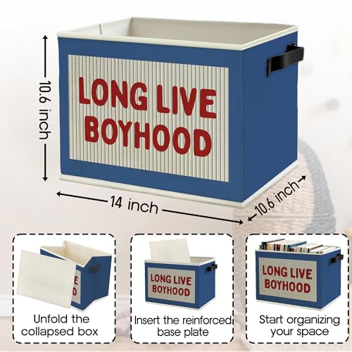 Image of Red Long Live Boyhood Boys Storage Bins Box with Handles, Blue Pattern Collapsible Basket Organizer for Kids Boy Nursery Room Bedroom Bathroom Playroom Books Clothes