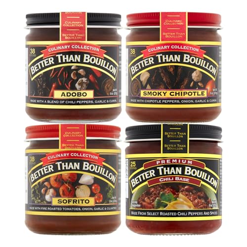 Better Than Bouillon Base Variety Pack, 1 Adobo Base, 1 Smoky Chipotle Base, 1 Sofrito Base, 1 Chili Base, 8 Ounce Glass Jars (Pack of 4)
