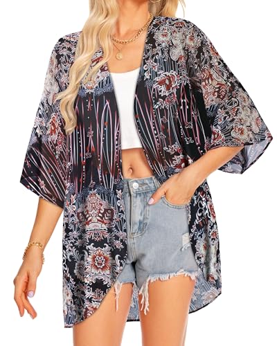 Image of Women Kimono Cardigans Casual Summer Tops Cover up Open Front Floral Print Resort Wear 2026