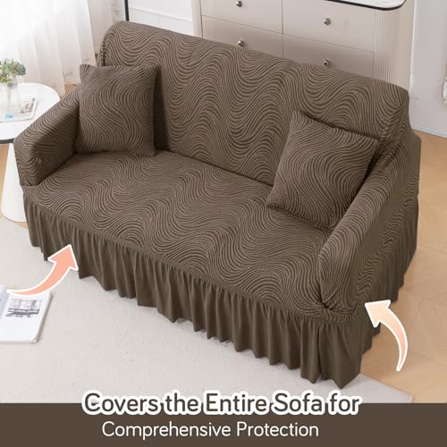Image of HOKIPO 240 GSM Premium Jacquard Fully Covered Stretchable Sofa Cover for 2 Seater, 'Serene Wave Series' Taupe Brown (AR-6353-LBR)