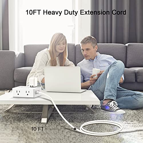 10Ft Surge Protector Power Strip - Flat Plug Extension Cord With 8 Widely Outlets And 4 Usb Ports(1 Usb C), 3 Side Outlet Extender For Home Office Dorm Room Essentials, White，Etl Listed #TOP3