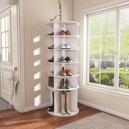 Image of Rotating Shoe Rack Tower, 7-Tier Spinning Storage Rack, Free Standing 360 Revolving Shoe Organizer, Holds 28 Pairs of Shoes (6-Tier White)