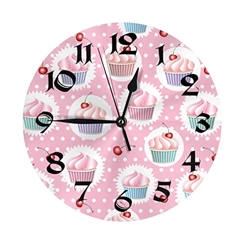 Horloge murale ronde délicieuses cupcakes horloges silencieuses sans tic-tac nourriture dessert motif sans couture rose aquarelle peinture horloge à piles...
