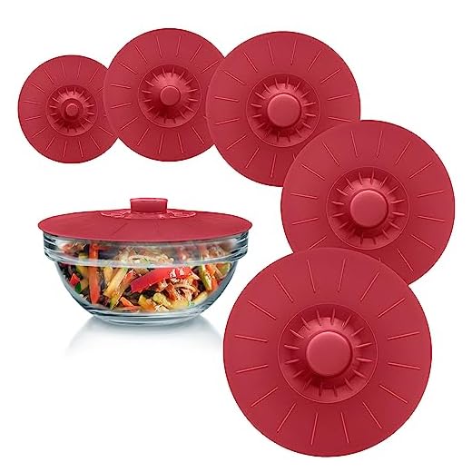 5pc, Berry Red : Silicone Bowl Lids Red, Set of 5 Reusable Suction Seal Covers for Bowls, Pots, Cups. Food Safe