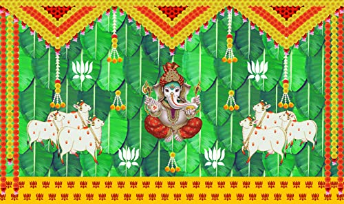Image of Banana Leaf and Marigold and Lotus Flower with Cows and Ganesh ji Design Backdrop Cloth for Pooja Decoration Curtain for Festival Size 5Feet Height and 8Feet Width(5 * 8)