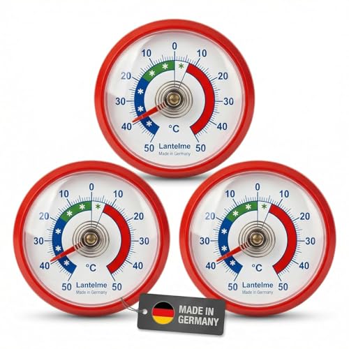 Lantelme 3 Stück Kühlschrankthermometer Set Selbstklebend Temperatur + - 50°C | Thermometer in Rot auch für Gefrierschrank Eisfach Kühltheke Kühlzelle Kühlfach Kühlschrank | Bimetall und Analog (Rot)