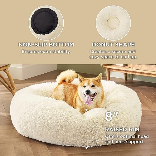 Image of Bedsure Calming Dog Bed for Medium Dogs - Donut Washable Medium Pet Bed, Anti-Slip Round Fluffy Plush Faux Fur Cat Bed, Fits up to 45 lbs Pets, Ivory Beige, 30 inches