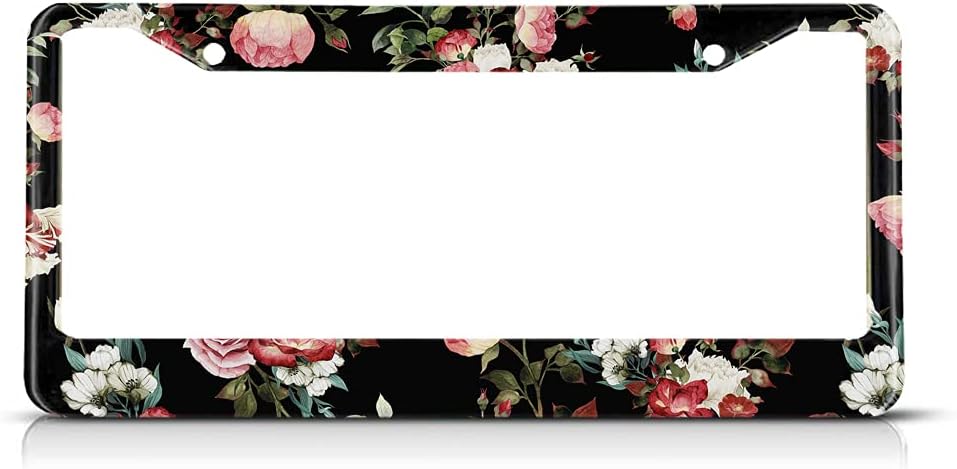 Vintage Pink Cream Roses License Plate Frame Dark Flower Novelty License Plate Frame Romantic License Plate Car Tag Holder Metal License Plate Frame for US Vehicles Standard