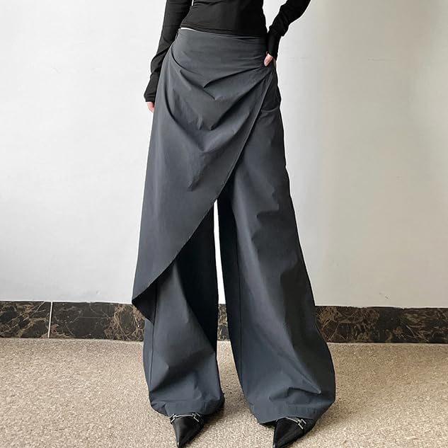Women's Flowy Fashion Casual Wrap Straight Wide Leg Asymmetrical Dressy Trousers
