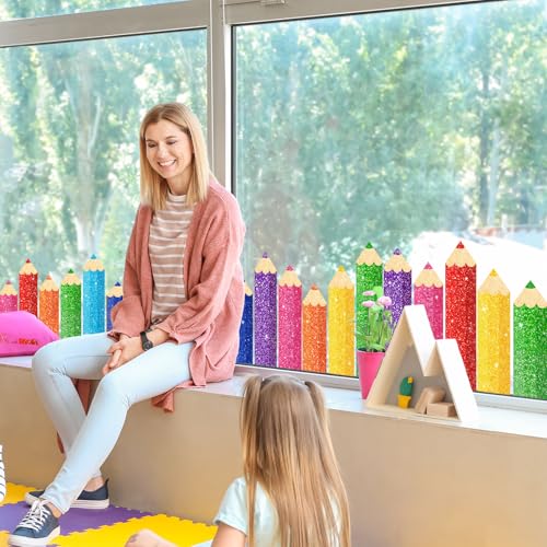 Image of Whaline 9 Sheet Back to School Colorful Glitter Pencil Window Clings Sparkly Rainbow Pencil Reusable Window Decals for First Day of School Home Nursery Classroom Decor