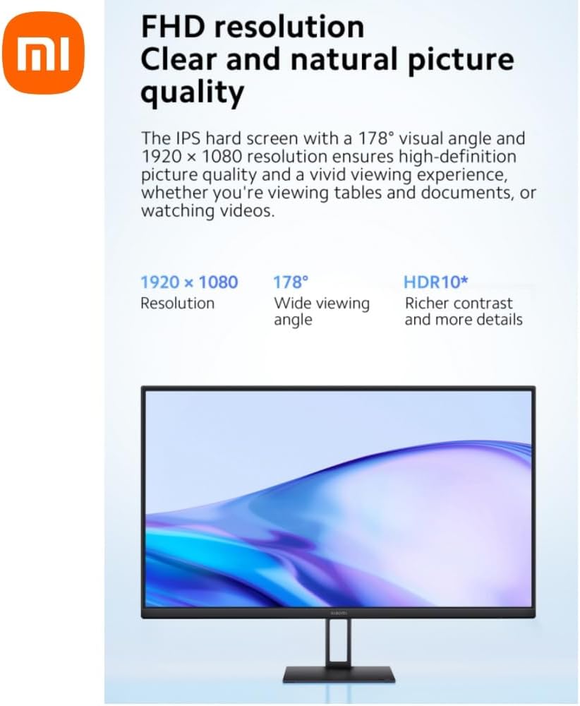 Xiaomi A27i monitor displaying FHD resolution and wide viewangle de ing.