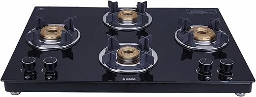 Elica Slimmest 4 Burner Gas Stove | 694 EC CT VETRO 2J (TKN CROWN DT MI) | Toughened Glass Top | Forged Brass Burners | Double Drip Trays | Euro…