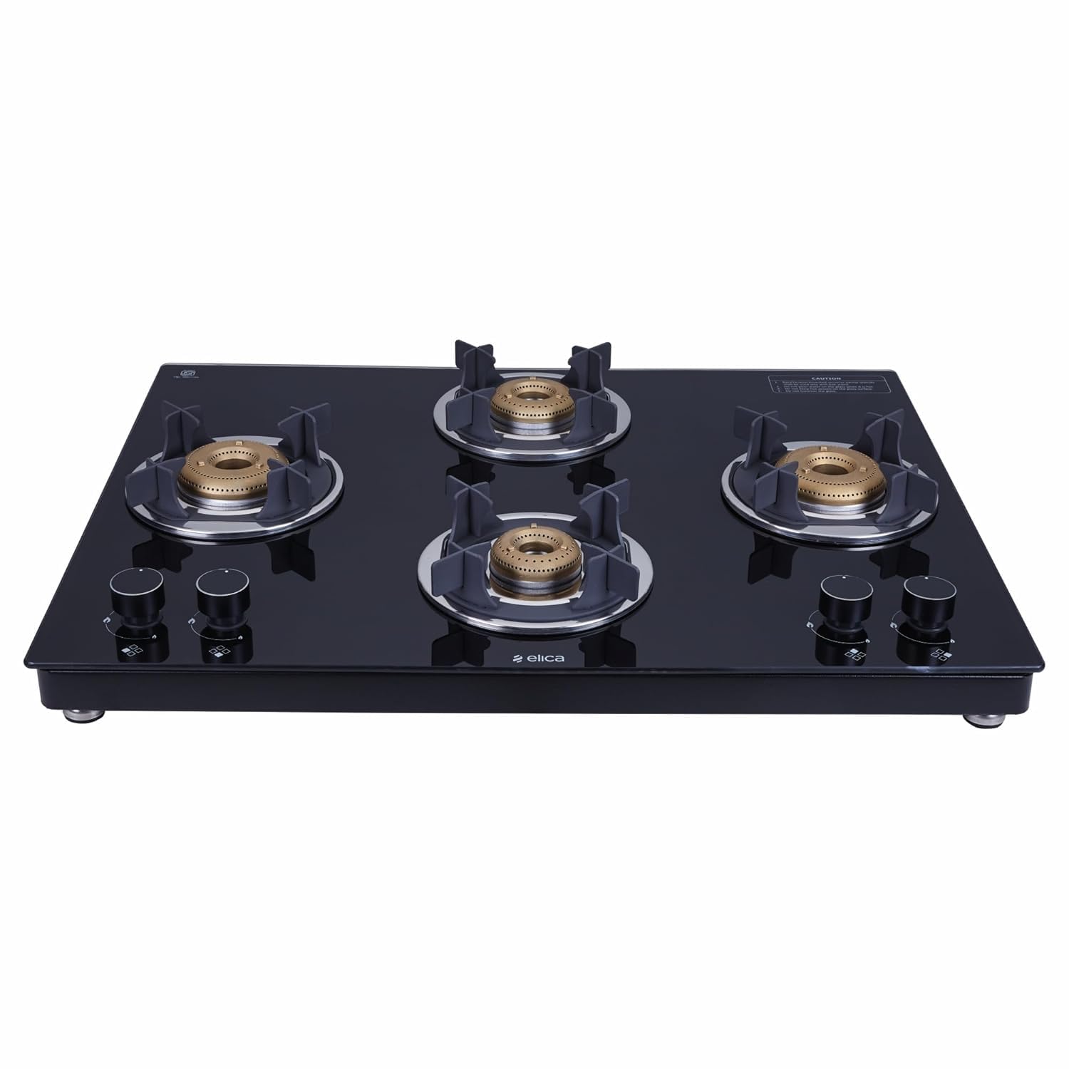 Elica Slimmest 4 Burner Gas Stove | 694 EC CT VETRO 2J (TKN CROWN DT MI) | Toughened Glass Top | Forged Brass Burners | Double Drip Trays | Euro Coated Pan Support | Manual Ignition | Black