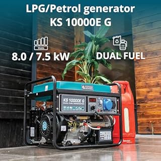 K&S LPG/Petrol Generator, 8000W Power, Dual Fuel Emergency Generator (8 kW) for Workshop, Construction, 4-Stroke, 15h Operating Time, AVR, Copper, 13A and 32A Sockets, Könner & Söhnen KS 10000E G