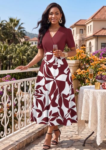 Image of MarryUP Women's Midi Dresses - V Neck Cocktail & Church Tea Dresses - Short Sleeve A-Line Swing Dress