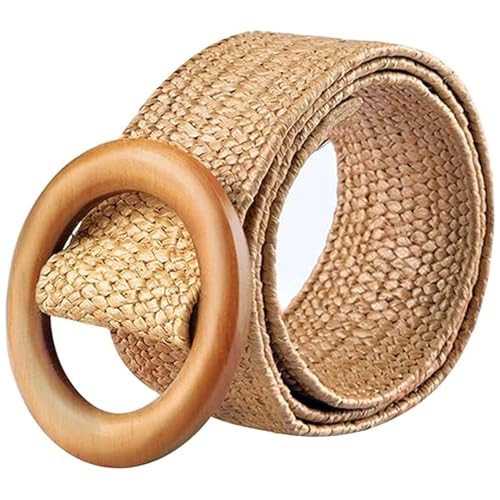 Boho Braided Belt Women, Womens Braided Belts, Wide Stretch Straw Woven Waist Belt with Round Buckle, Rattan Elastic Bohemian Waistband for Dresses, Jeans, Pants, Vacation Events