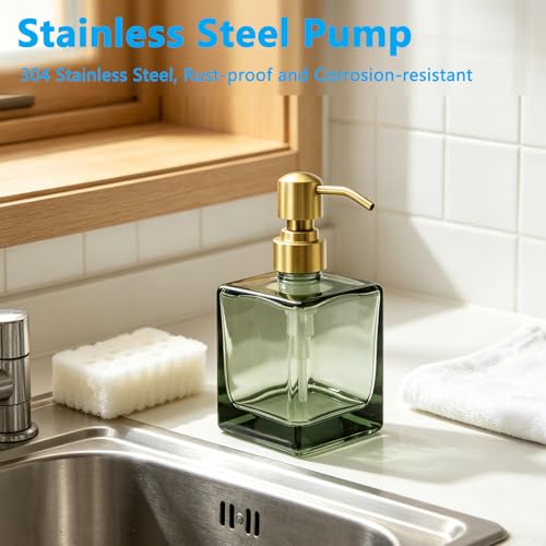 Image of Square Green Glass Soap Dispenser Bathroom with Brushed Gold Pump, Retangle Cube 8.4 oz Glass Bottles with Stainless Steel Pump Hand Liquid Soap Dispenser Kitchen