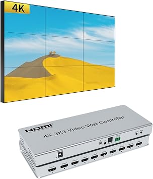 4k @ 30HZ 3x3 Video Wall Controller 1 HDMI Input 9 HDMI Output Video Processor support 1x1,1x2,1x3,1x4,1x5,1x6,2x1,2x2,2x3,2x4. 3x1,3x2,3x3,4x1,4x2,5x1,6x1