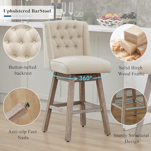 Image of 28.5 inch Swivel Bar Stools Set of 2, Counter Height Barstools with Back, Linen Fabric Upholstered Bar Stools, Modern Barstools Wood Legs for Kitchen Island Dining Room Bar