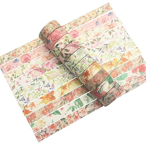 Image of HASTHIP 10 Roll Washi Tapes Set Spring Flower Colour Tapes Decorative Tape Craft Supplies for DIY Craft, Journal Supplies, Gift Wrapping, Scrapbooking