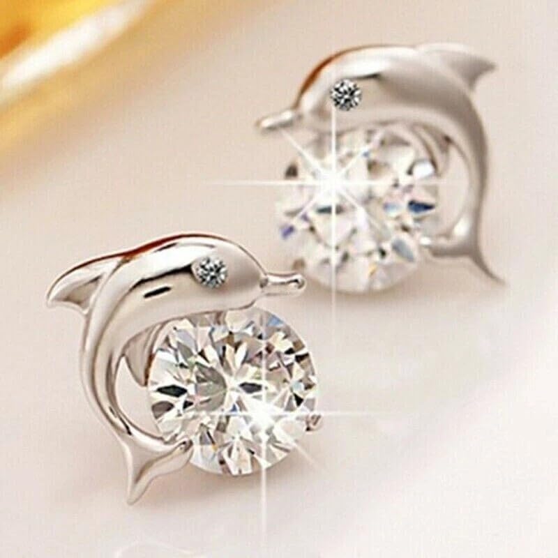 Ashu jewellers || 3Ct Round Cut Lab Created Diamond Dolphin Shape Stud Earrings 14K White Gold Plated 925 Sterling Silver For Her