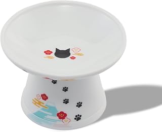 Necoichi Raised Cat Food Bowl – Ceramic Elevated Cat Bowl for Whisker & Neck Fatigue, Dishwasher Microwave Safe – Non-Slip & Anti Vomiting Ergonomic Design (Fuji, Extra Wide, 2-Cups Capacity).