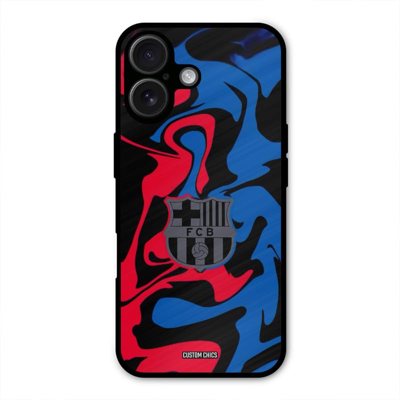 Image of PrintShield FC Barcelona Comic Back Cover for iPhone 16, Shockproof Printed Phone Case with Soft TPU Sides & Anti-Slip Grip