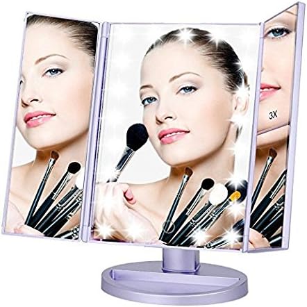 Halukaka Led Light Makeup Mirror, ARMANII 1X2X3X Magnifying Vanity Mirror Tri-fold Tabletop Magnification Mirror 21 LED Lights Smart Touch Screen On/Off - Purple