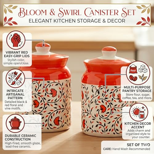 Image of Ceramic Handmade Pickle Jars in 1000ml (set of 2) | Handpainted Floral Bale 1 kg Achaar Martban | Ceramic Jadi for Kitchen Storage (Set of 2) | Jars for Achar, Spices, Salt (Red Bloom &Swirl Bale)