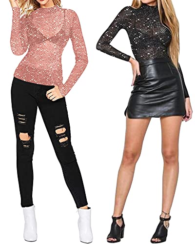Mangopop Glitter Sheer Mesh Top Women Short Long Sleeve Sexy Shirt See Through Clubwear Tee Slim Blouse #TOP3