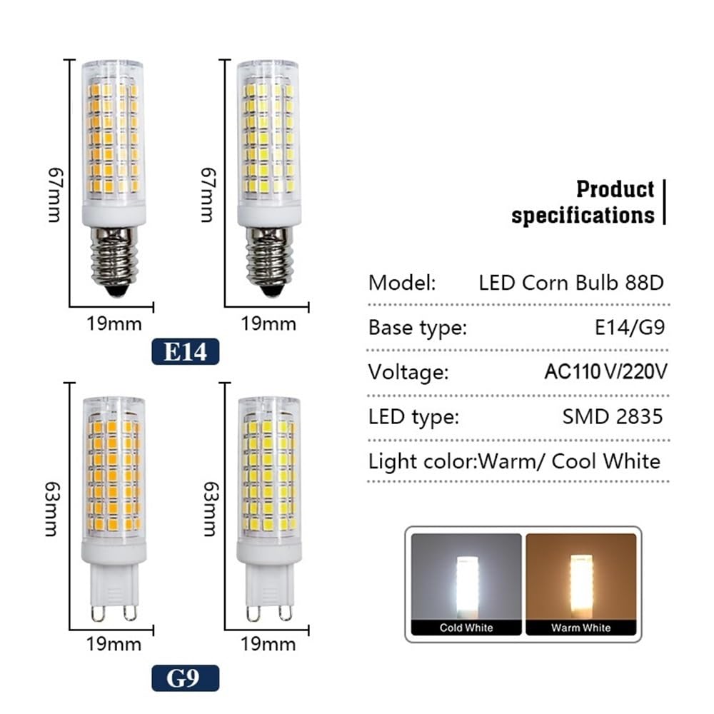 RZL Lighting, Confezione da 10 lampadine a LED a mais AC220V E14/G9 6W 88Leds-2835SMD Lampadario dimmerabile senza sfarfallio(Cold White,G9)