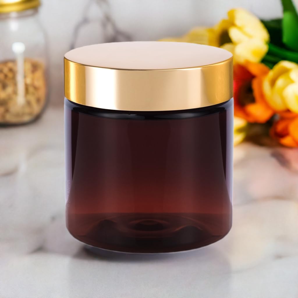 16 oz Amber PET Plastic Refillable Jar with Gold Metal Overshell Lid (12 Pack)
