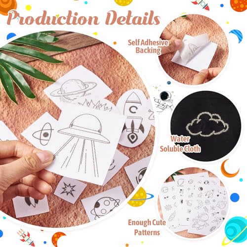 Image of Magibeads 68 Patterns Space Theme Water Soluble Embroidery Patterns Rocket Planets Astronauts Stick and Stitch Transfer Embroidery Paper for Adult Beginners Hand Sewing Starter Kit