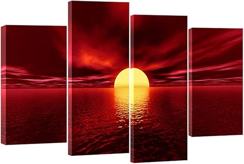 Wieco Art Lienzo Giclée para pared, cuadros de mar rojo, pinturas de sol listas para colgar, para sala de estar, dormitorio, decoración del hogar, 4