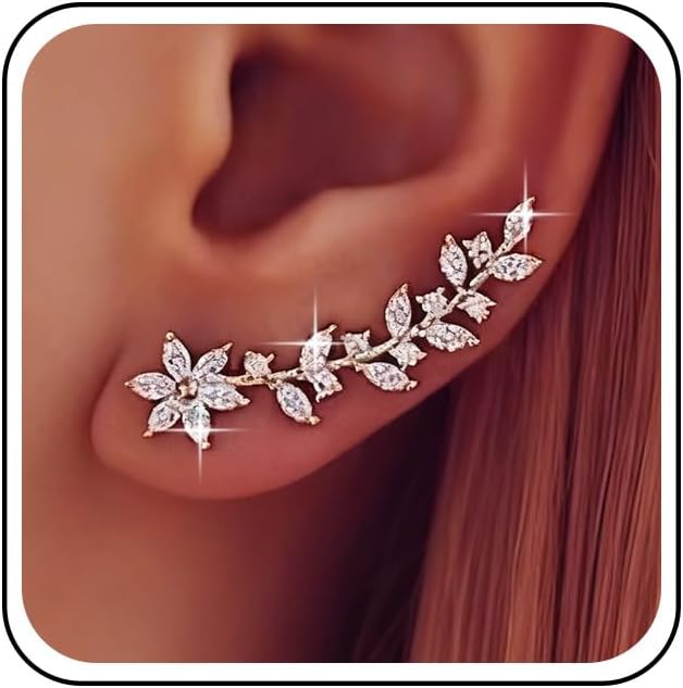 Boho Long Crystal Cuff Wrap Earrings Gold Rhinestone Climber Earring Cz Flower Ear Pins Crawler Earring Cz Leaf Wrap Cuff Earrings Jewelry for Women