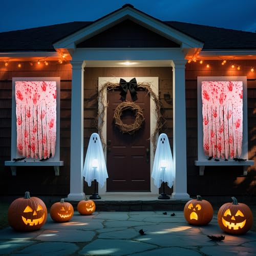 JIAWWAN Halloween Türvorhang, 2 Stück Blutiger Horror Türvorhang, 100 x 165cm Blutiges Tuch Türdeko mit 1 Blatt Nano Klebesticker, Weiß Spukhaus Türvorhangs für Halloween Party Innen Outdoor Dekoratio