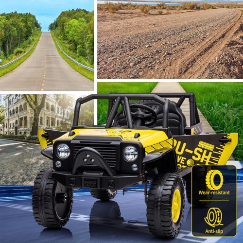 24V 2-Seater Kids Electric Car, 2 x 400W Motor Ride-on Truck with Parent Remote Control, 4-Wheel Suspension & LED Lights for Big Kids, Yellow
