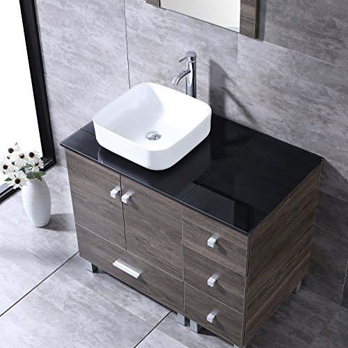Bathjoy 36” Modern Ply Wood Bathroom Vanity Cabinet Square Ceramic Vessel Sink Top Free Faucet Drain With Mirror #TOP5