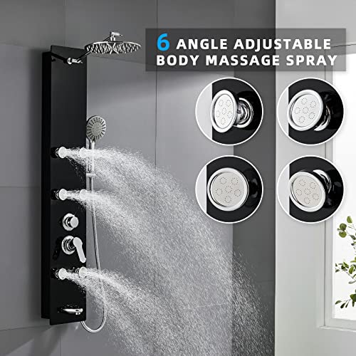 Popfly Tempered Glass Shower Tower Panel System, Height Adjustable Shower Arm, 6 Shower Body Spray Jets And 5-Function Shower Wand, Tub Spout, Black Stainless Steel Shower Column #TOP4