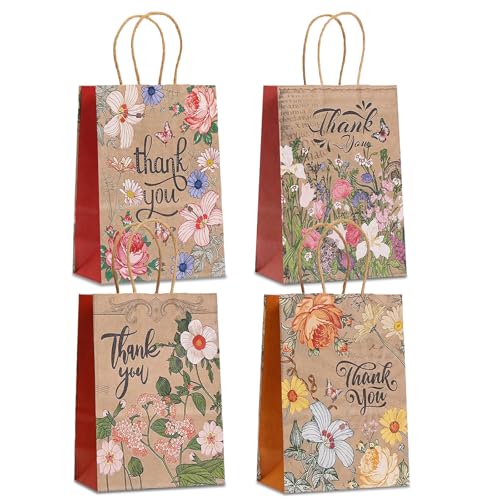 piqiya 24pcs Vintage Floral Gift Bags,Thank You Kraft Paper Bags with Handles for Friend Teacher Mom,Colorful Flower Pattern Bag for Gifting,Birthday,Gratitude,Party Goody Treat Bag