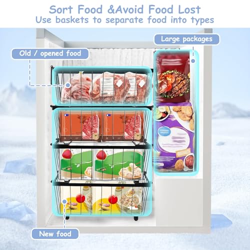 4er Gefriertruhe Körbe, Gefrierschrank Organizer für 142L-198L Truhengefrierschrank, Stapelbare Gefrierkörbe mit Klappbarem Griffen, Sparen Platz, Einfach zum Sortieren und Essen Bekommen, Weiß