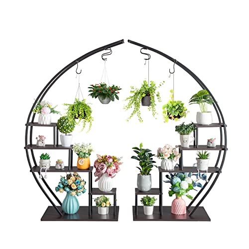 LEADZM Support de Plante en Métal à 5 Niveaux, Étagère à Fleurs avec Crochet, Porte Plantes en Forme de Demi-lune (Noir, 2)